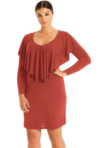 Rusty Red Ruffled Poncho Front Curvy Dress