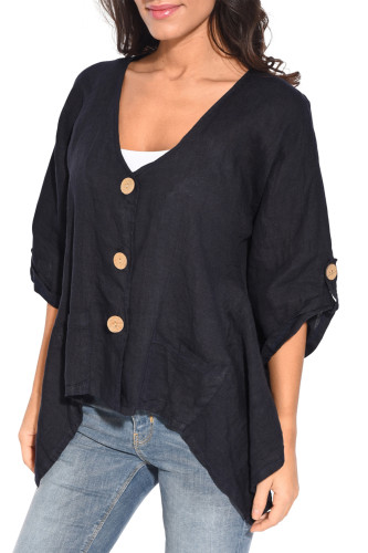 Dark Blue Roll Tab Sleeve Button Front Casual Shirt