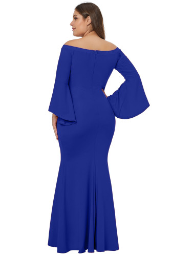 Chic Blue Off Shoulder Slit Plus Size Mermaid Dress