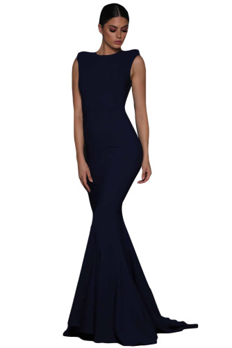 Blue Floral Embroidery Fishtail Evening Dress