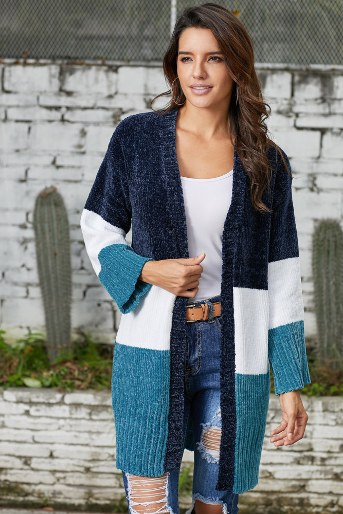 Blue White Colorblock Velvet Chenille Sweater Cardigan