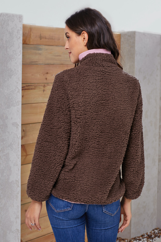 Brown Zip Neck Furry Sweatshirt