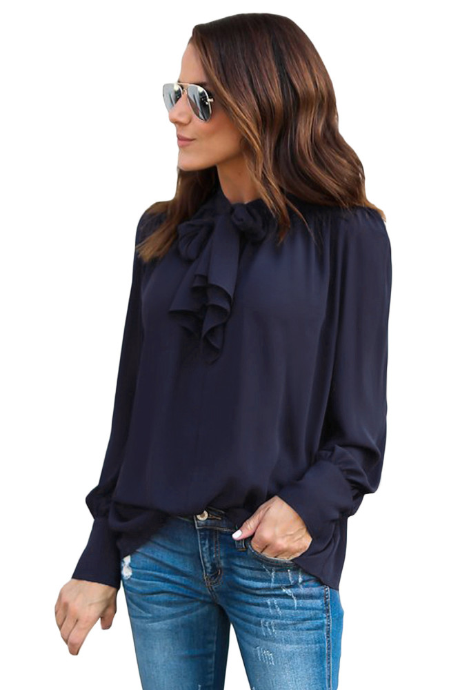 Navy Blue Demure Tie Neck Blouse for Women