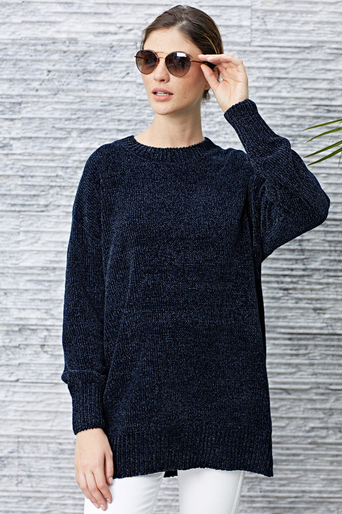 Navy Blue Cozy Scoop Neck Velvet Sweater
