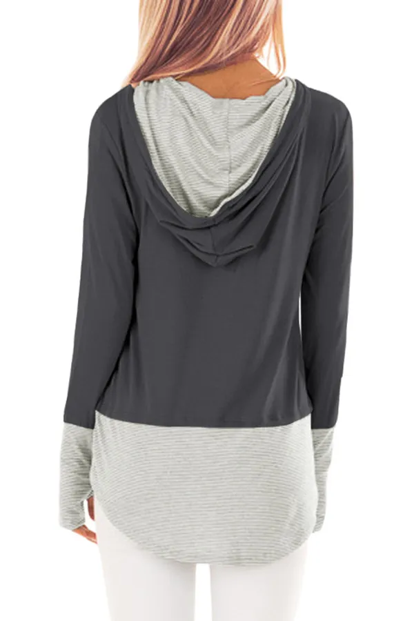 Pinstriped Patchwork Gray Thumbhole Sleeved Hoodie