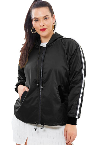 Black Striped Sleeve Hooded Parker Jacket