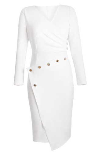 Asymmetric Button Detail White Ruched Midi Dress