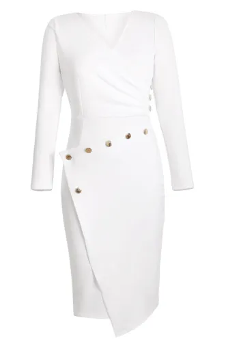 Asymmetric Button Detail White Ruched Midi Dress