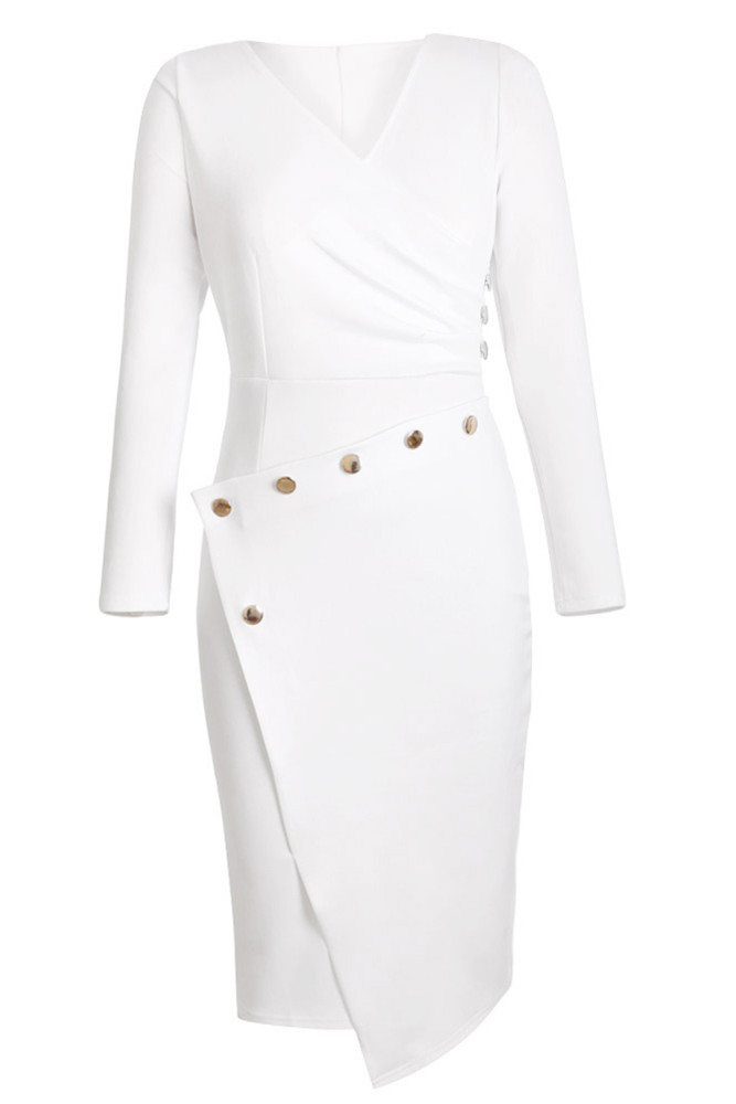 Asymmetric Button Detail White Ruched Midi Dress