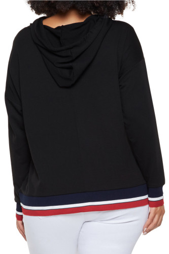 Tricolor Striped Trim Black Plus Size Hoodie