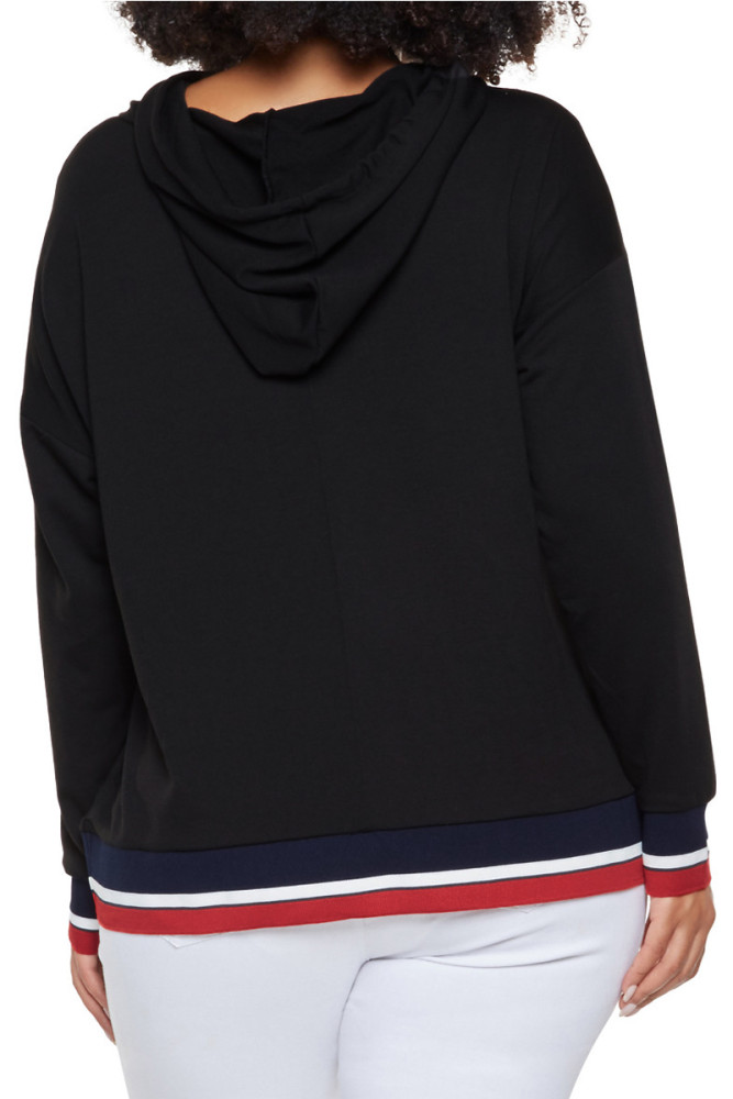 Tricolor Striped Trim Black Plus Size Hoodie