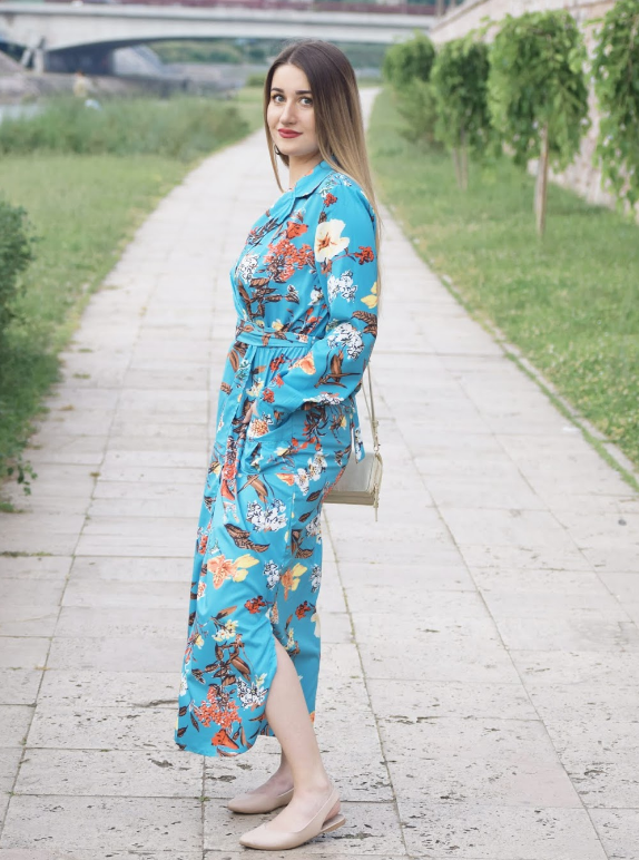 Blue Bohemian Floral Print Notch Lapel Belted Shirt Dress
