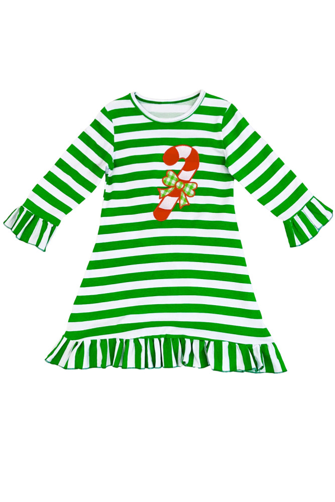 Candy Cane Accent Green White Striped Christmas Dress