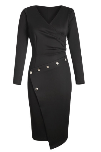 Asymmetric Button Detail Black Ruched Midi Dress