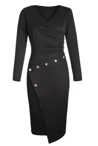 Asymmetric Button Detail Black Ruched Midi Dress
