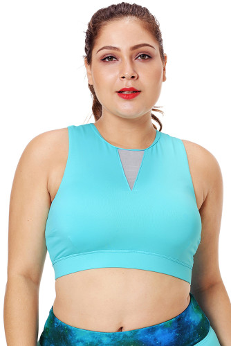 Light Blue Mesh Insert High Neck Plus Size Sport Bra