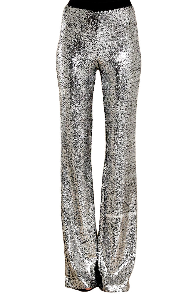Silver Eye-catching Sequin Wide Leg Pants
