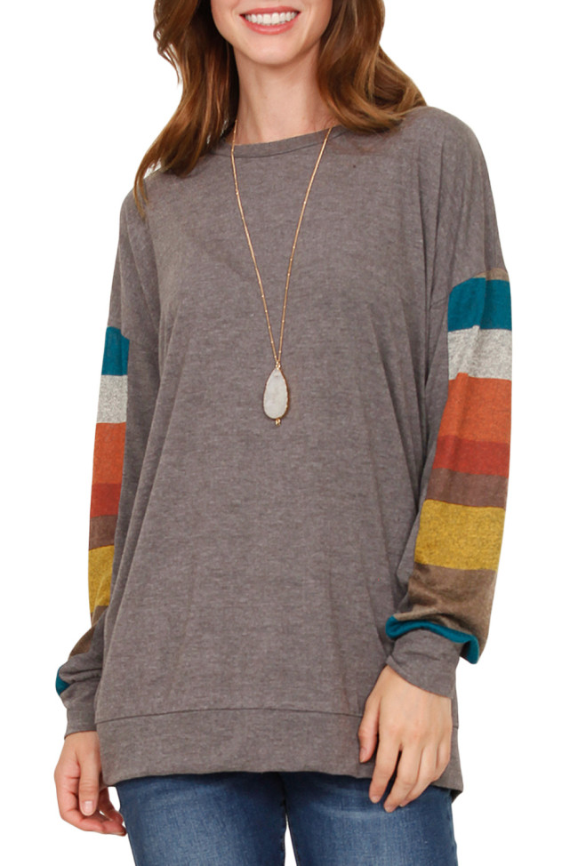 Multicolor Striped Contrast Sleeve Coffee Sweatshirt