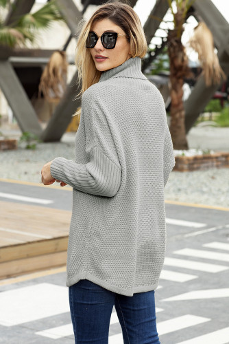 Grey Ribbed Sleeves Turtleneck Sweater Pullover