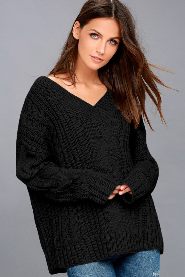 Black Cable Knit V Neck Sweater