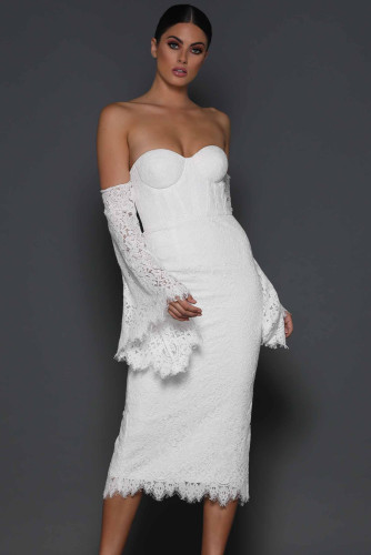 White Embroidered Lace Bell Sleeve Midi Dress