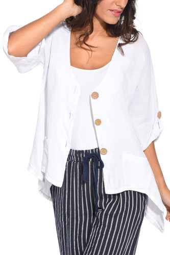 White Roll Tab Sleeve Button Front Casual Shirt