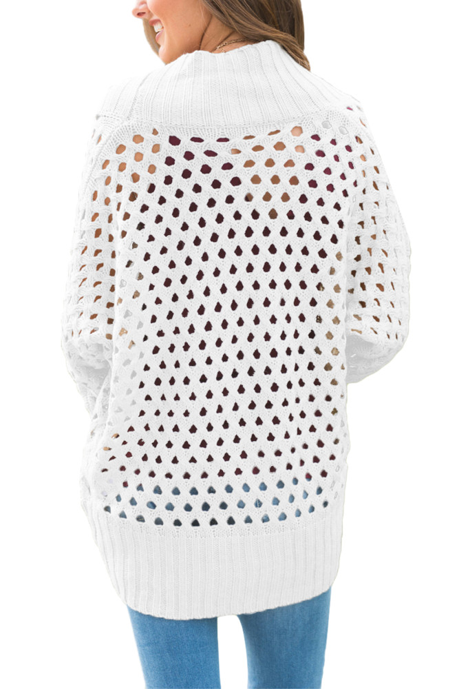 White Hollow Out Knit Long Sleeves Cardigan