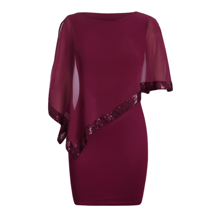 Burgundy Sequined Poncho Mini Dress
