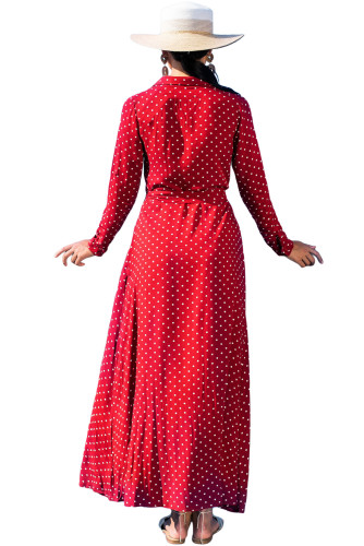 Red Polka Dot Button Down Maxi Shirt Dress
