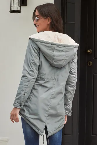 Gray Asymmetric Hooded Fleece Winter Coat