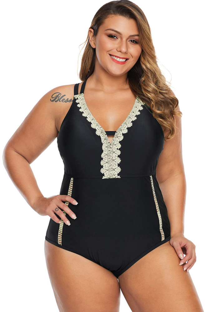 Black Plus Size V Neck Cutout Tankini