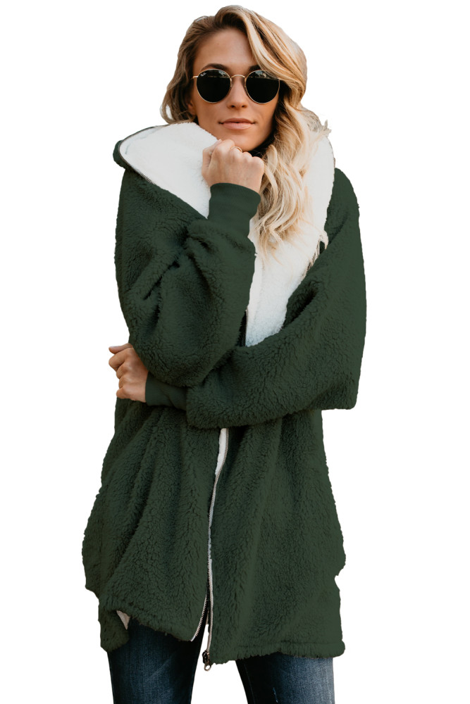 Dark Green Zip Down Hooded Fluffy Coat