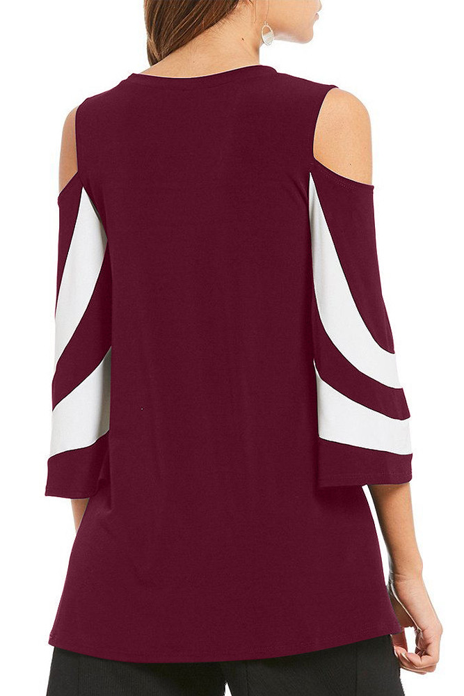 Burgundy Platter Colorblock Bell Sleeve Plus Size Tunic Top