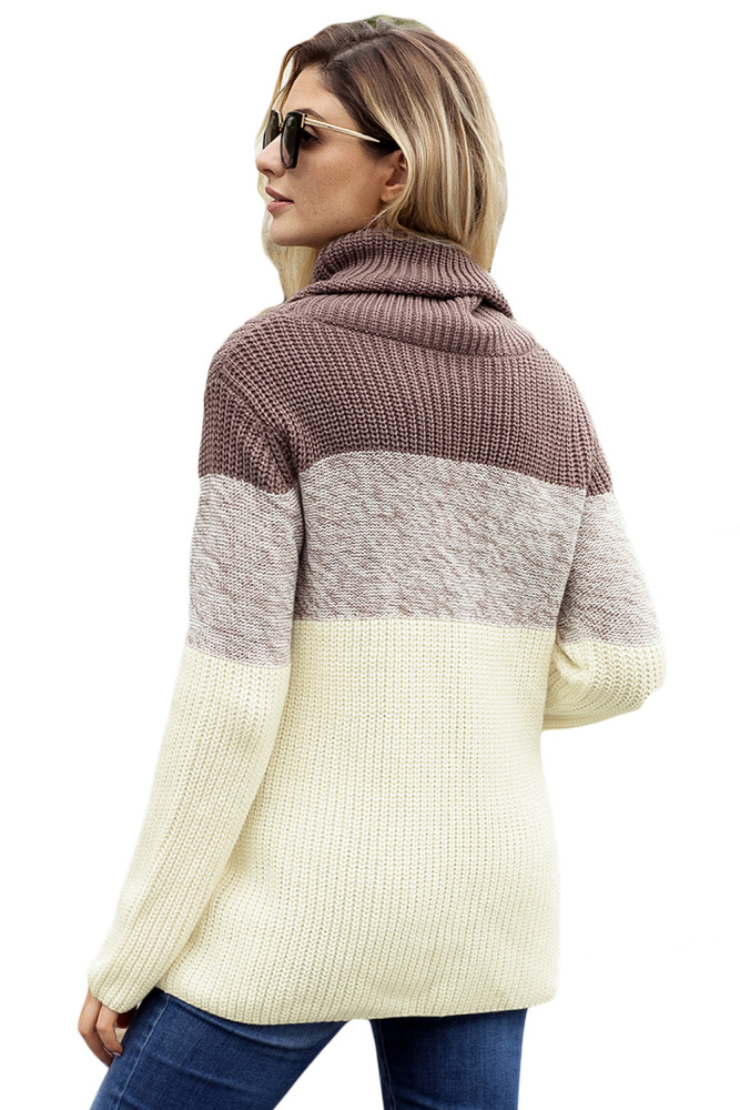 Brown Cowl Neck Color Blocked Sweater