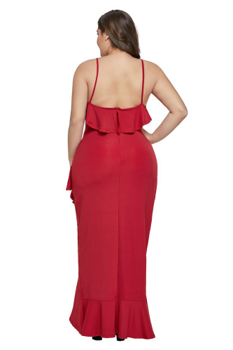 Red Plus Size Ruffle Trim Spaghetti Straps Maxi Dress