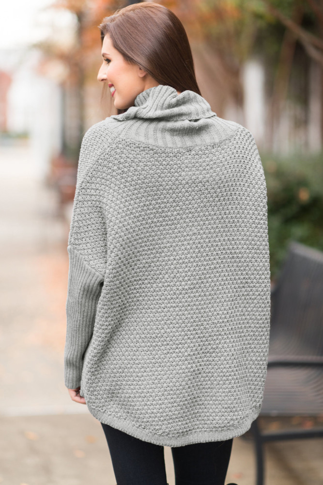 Grey Ribbed Sleeves Turtleneck Sweater Pullover