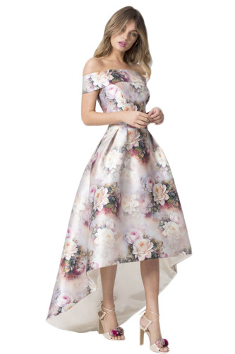 White Satin Floral Off Shoulder Prom Dress