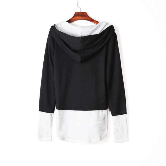 Pinstriped Patchwork Black Thumbhole Sleeved Hoodie