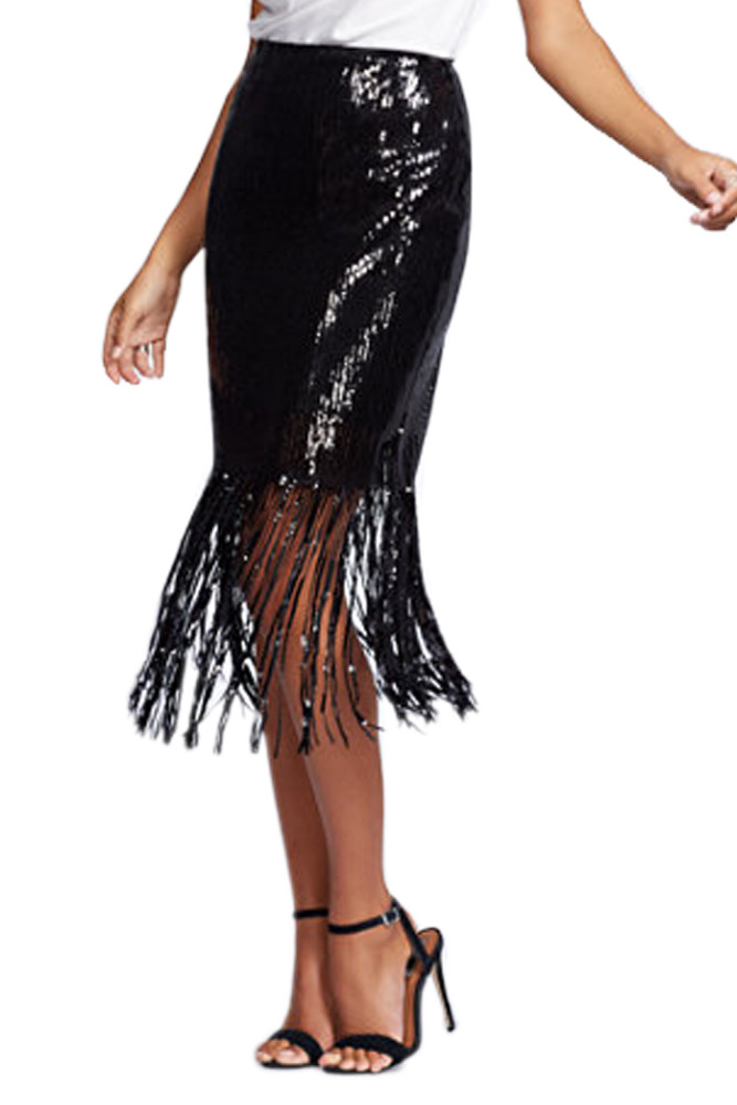 Black Sequin Fringe Midi Skirt