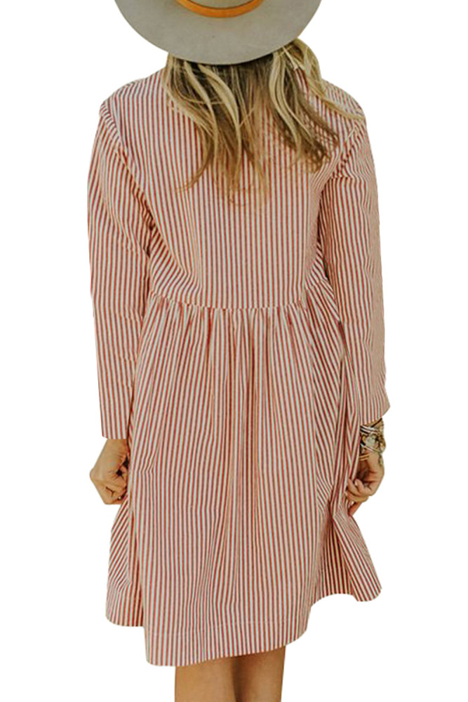 Red Pinstriped Casual Pocket Dress