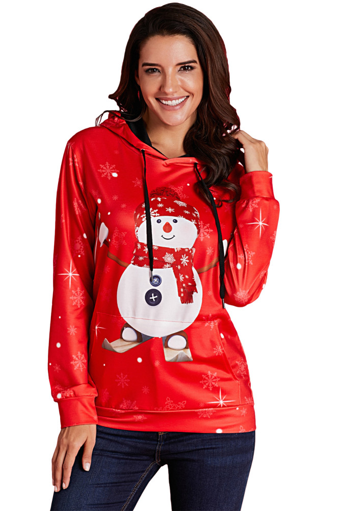 Red Christmas Pullover Snowman Pattern Hoodie