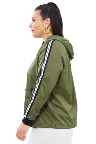 Army Green Striped Sleeve Hooded Parker Jacket