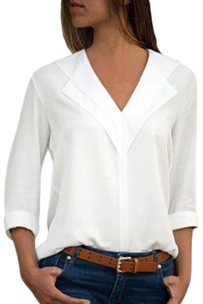White Lapel V Neck Roll Sleeve Blouse