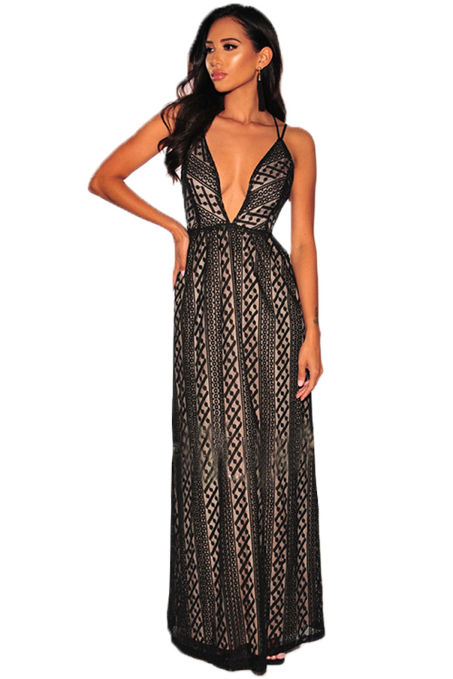 Black Nude Illusion Crisscross V Neck Evening Dress