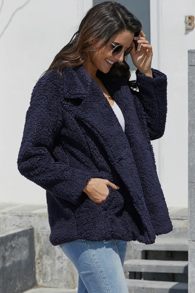 Navy Fleece Open Front Coat with Pockets