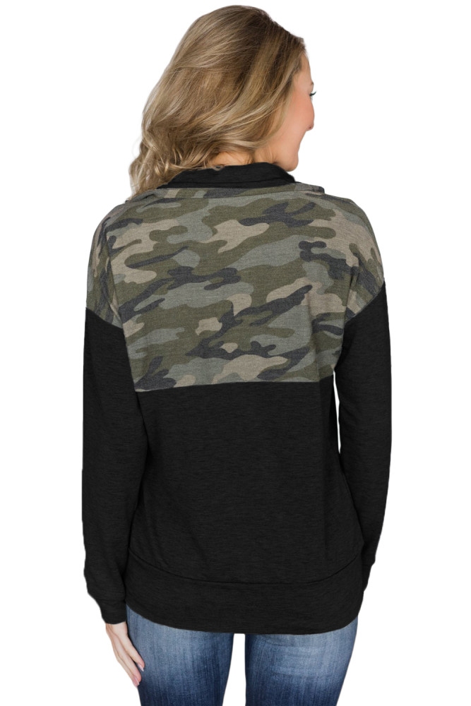 Camo Splice Black Kangaroo Pocket Zip Collar Sweatshirt