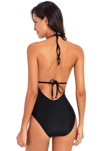 Black Mesh Striped Detail Halter Teddy Swimsuit