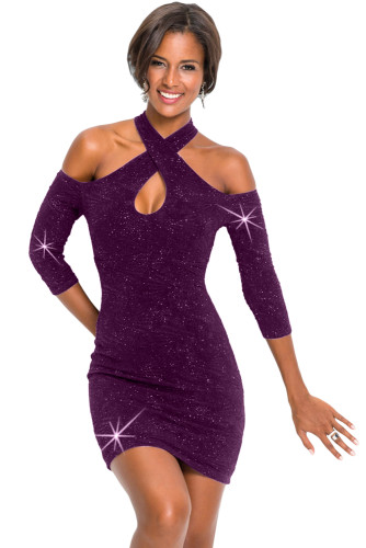 Purple Cold Shoulder Keyhole Bodycon Mini Dress