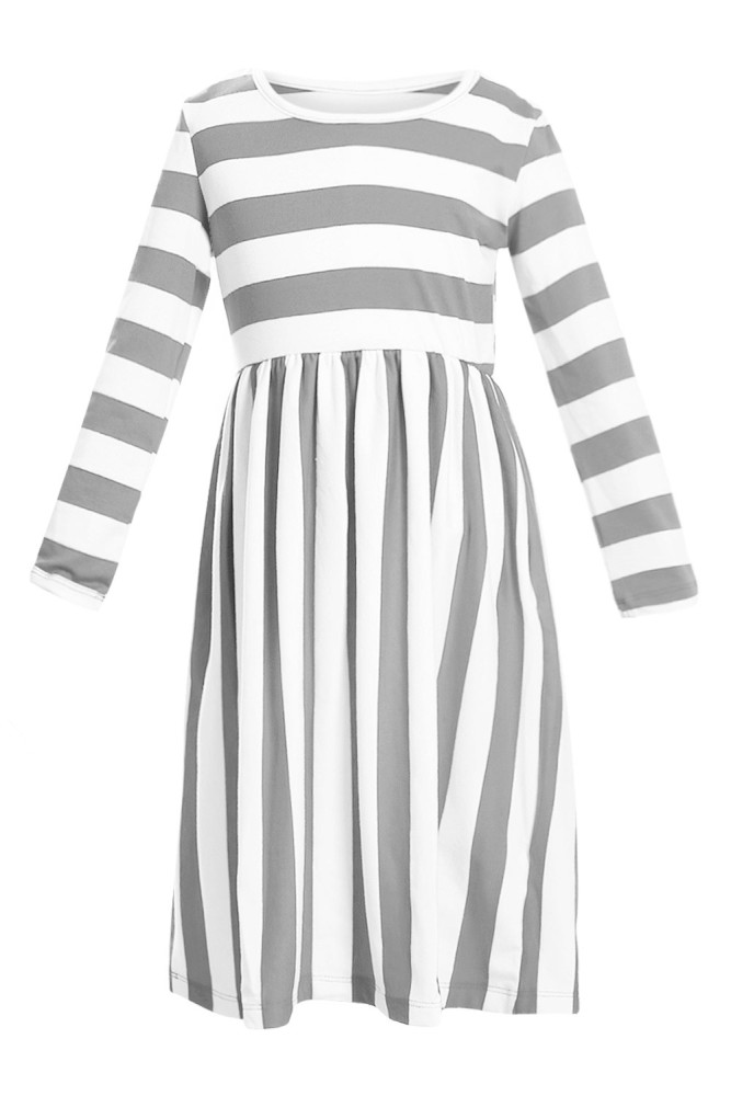 Gray White Striped Long Sleeve Dress for Kids
