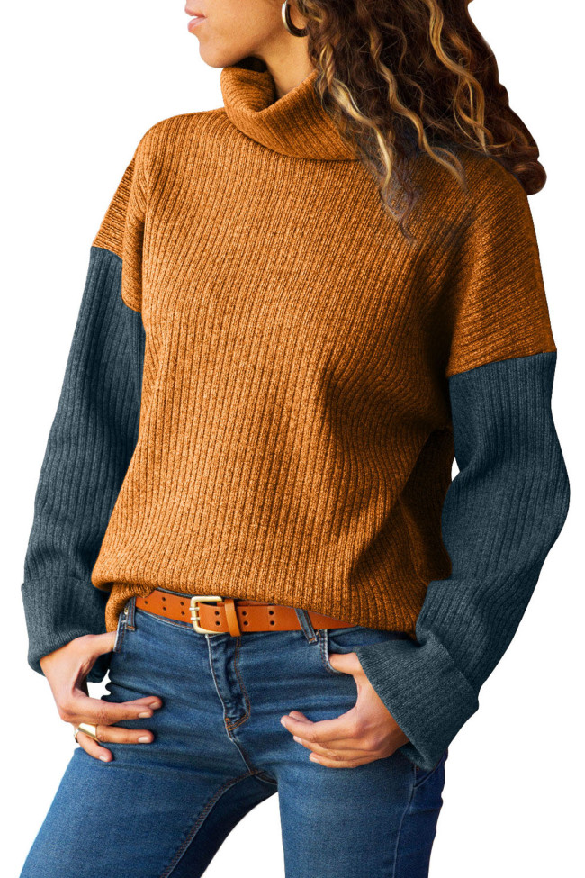 Mustard Blue Color Patchwork Ribbed High Neck Sweater